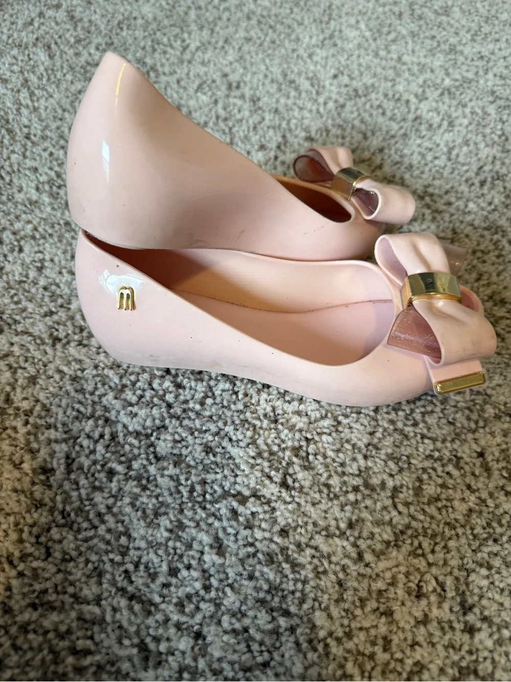 Mini Melissa Pink Bow Peep-Toe Flats with Gold Accent